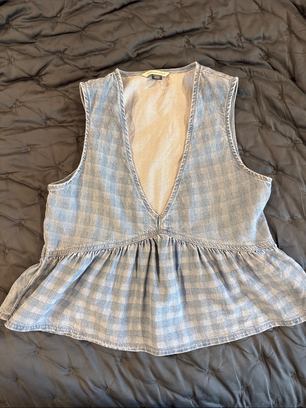 AE denim chambray babydoll peplum gingham print top NWOT